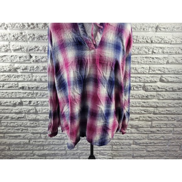 Bit Bridle Womens Top 2X Plus Tunic Long Sleeve Purple Blue Plaid PLA135XE - Picture 4 of 8
